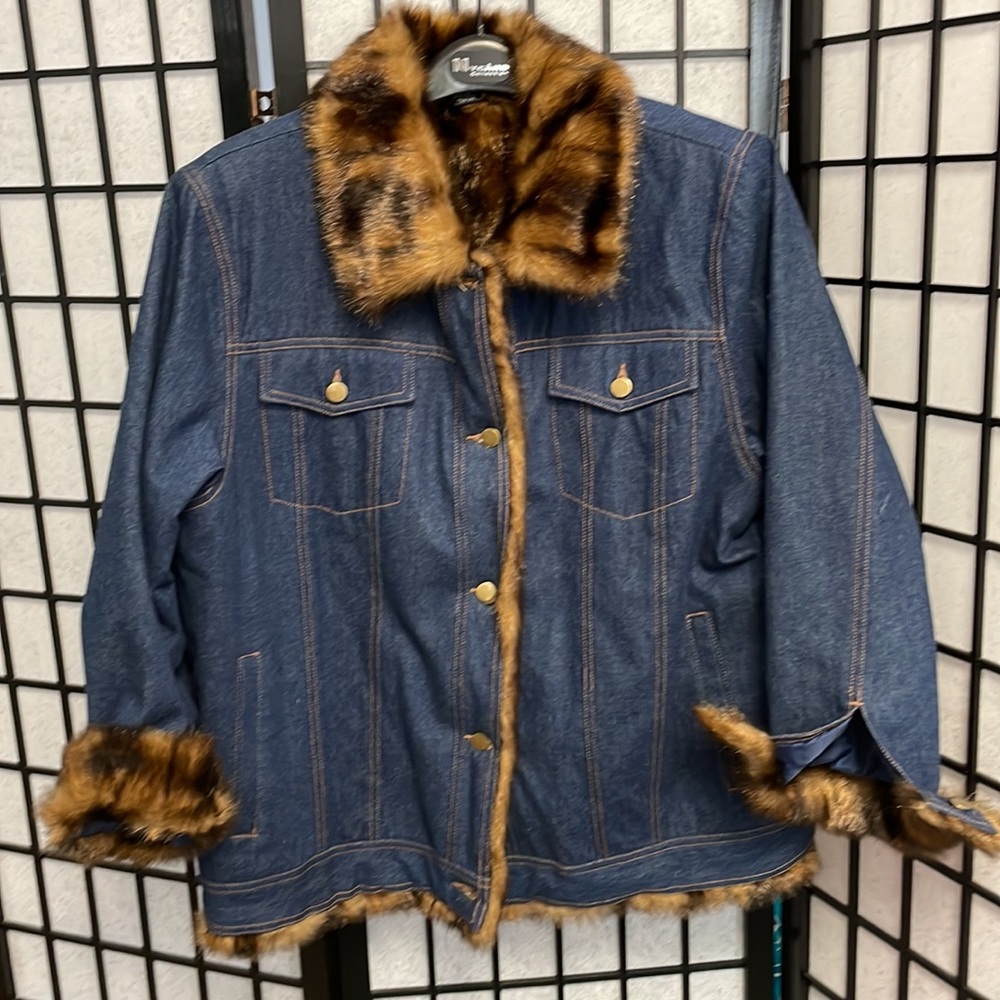 Vintage Regal Dark Wash Jean Jacket w Faux Mink Lining, SZ XL NWOT - Picture 8 of 9